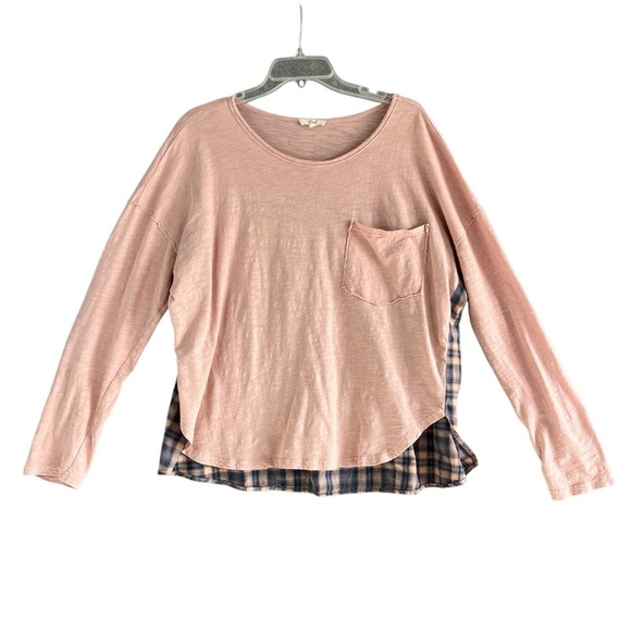 EASEL Long Sleeve Pocket tee Plain Front Pink Blue Plaid Back Size Medium - Picture 1 of 6